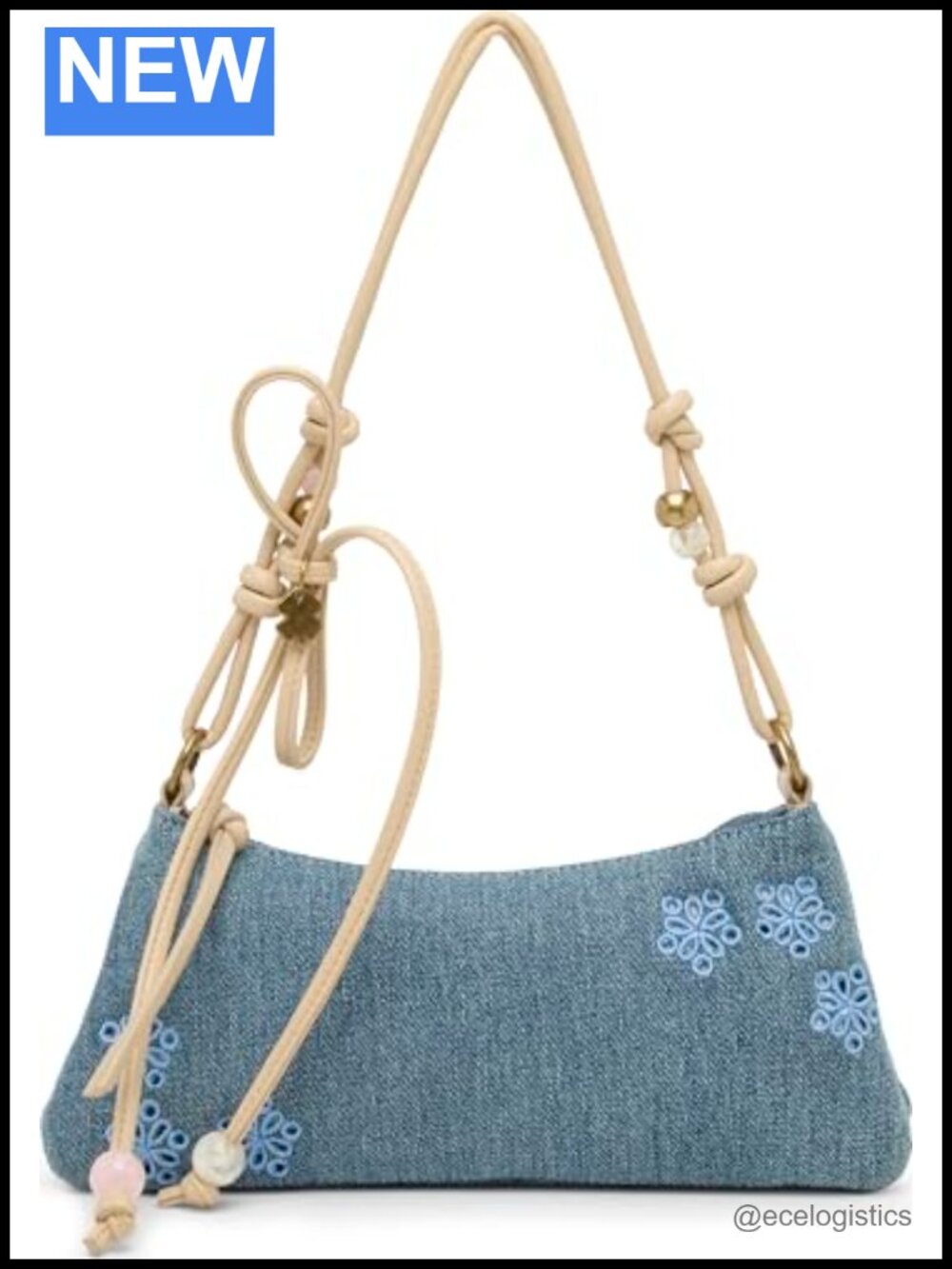 Denim Beaded Shoulder Bag Zipper Closure Satchel